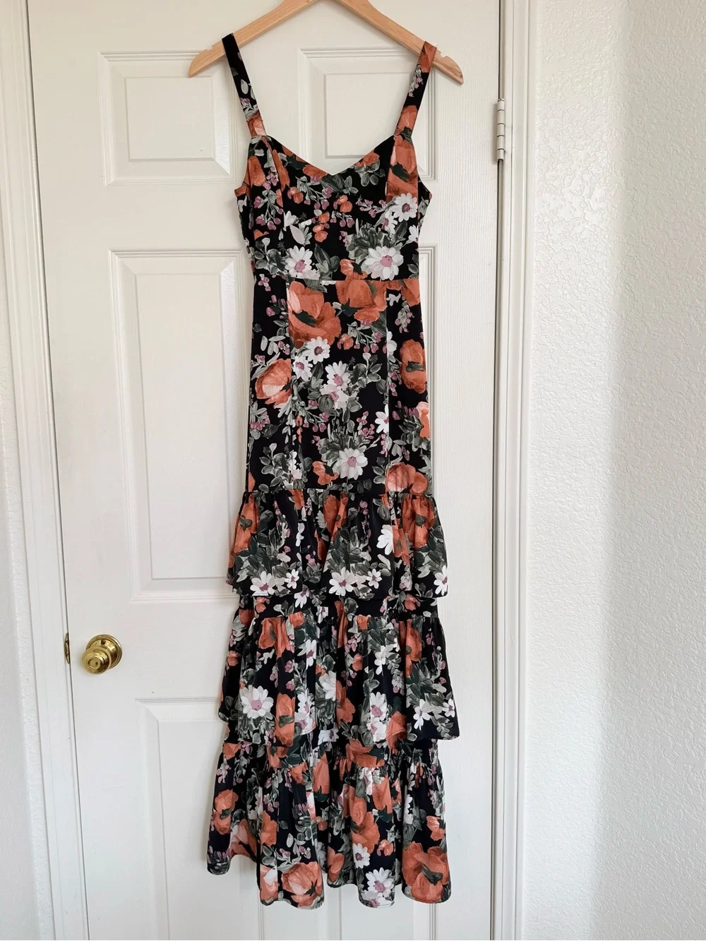 Abercrombie & Fitch Floral Tiered Ruffle Maxi Dress Black Pink Green Orange XS - Picture 3 of 10